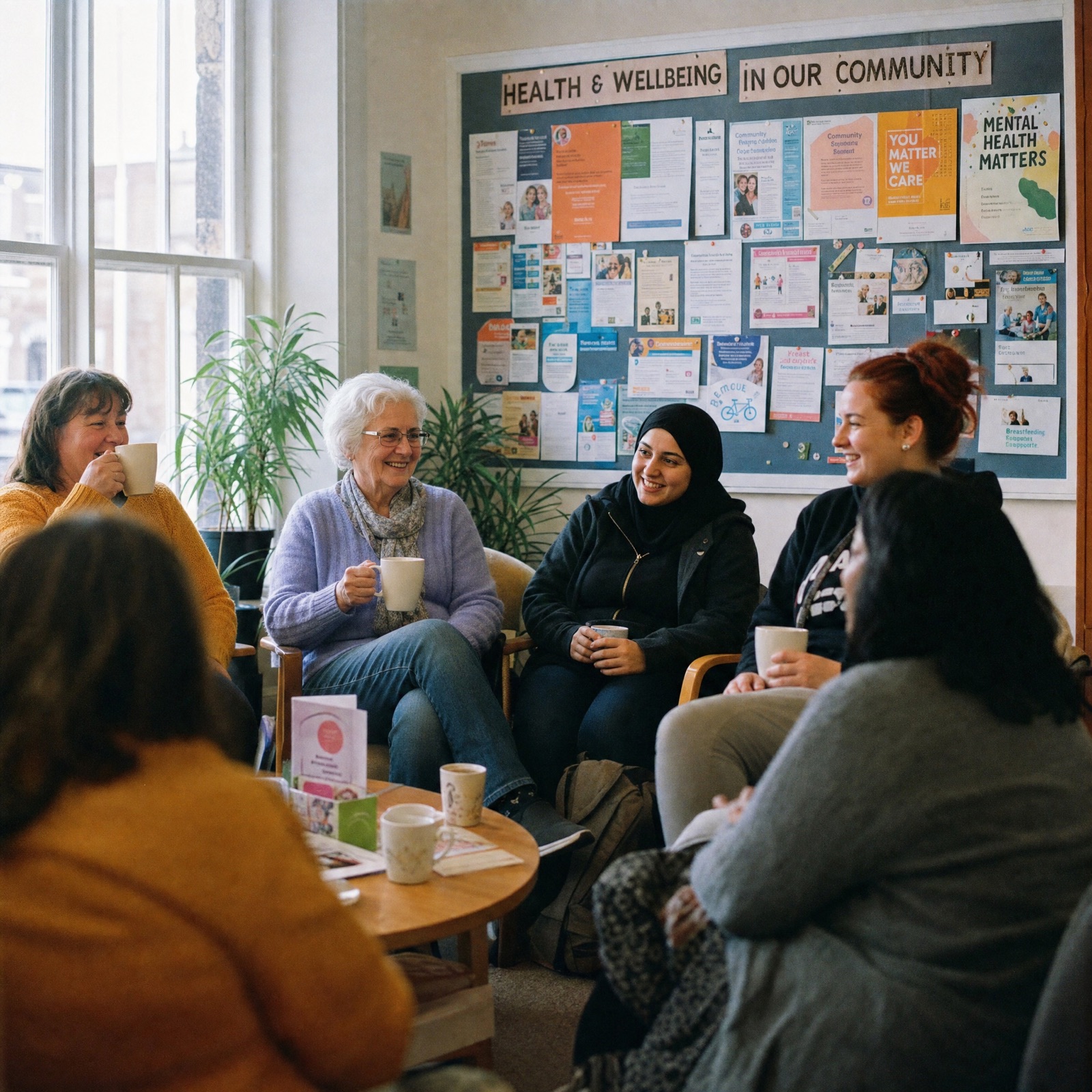A small group of adults in conversation in a warm community hall