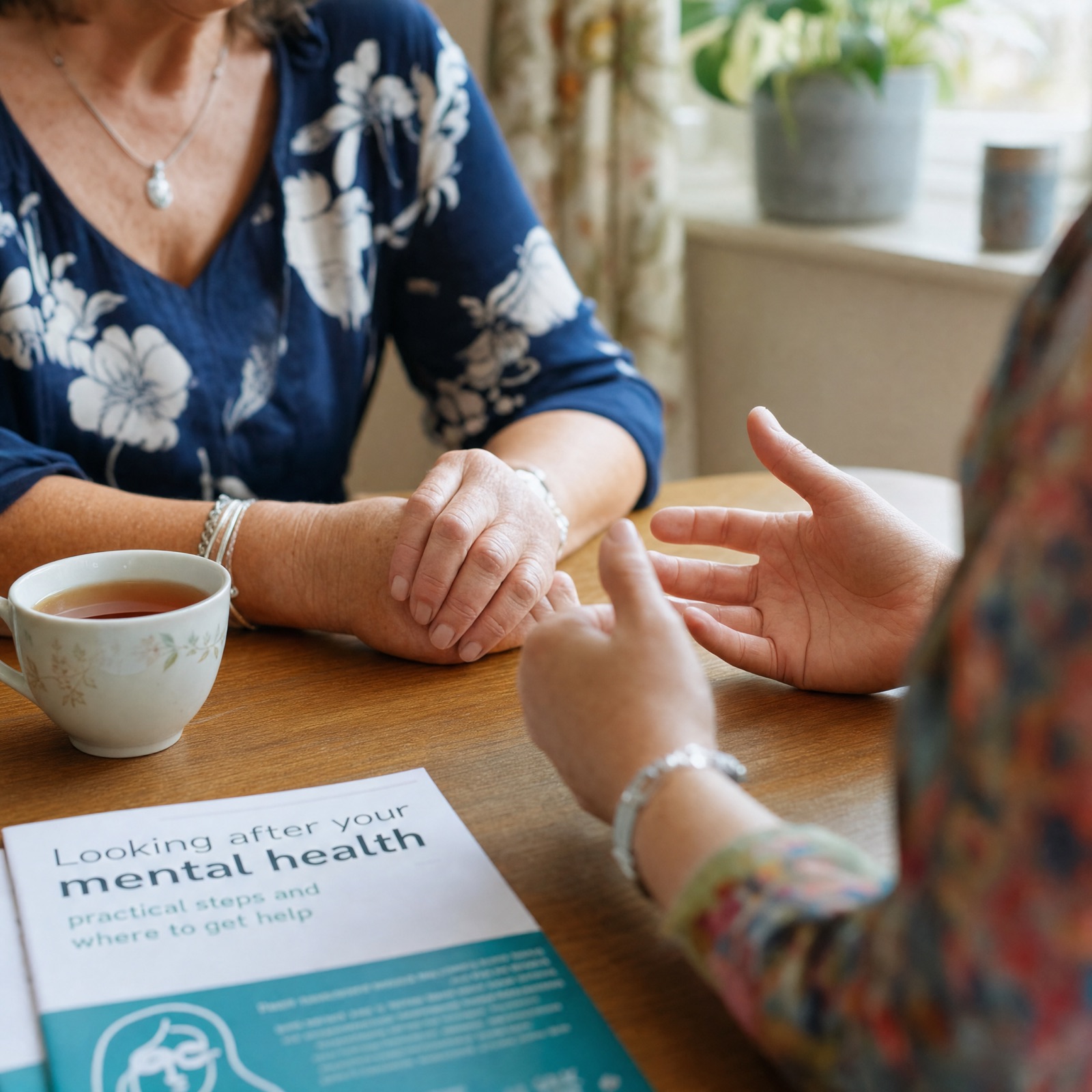 A person sitting at a wooden table with a mug of tea, contemplative